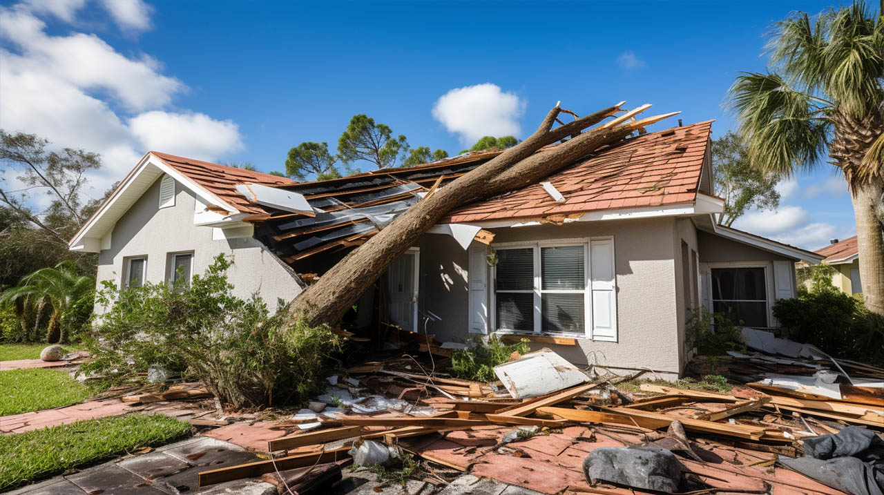 A house with a fallen tree in front of it.