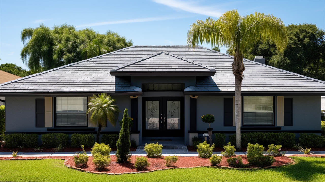 A home with a gray roof and palm trees.