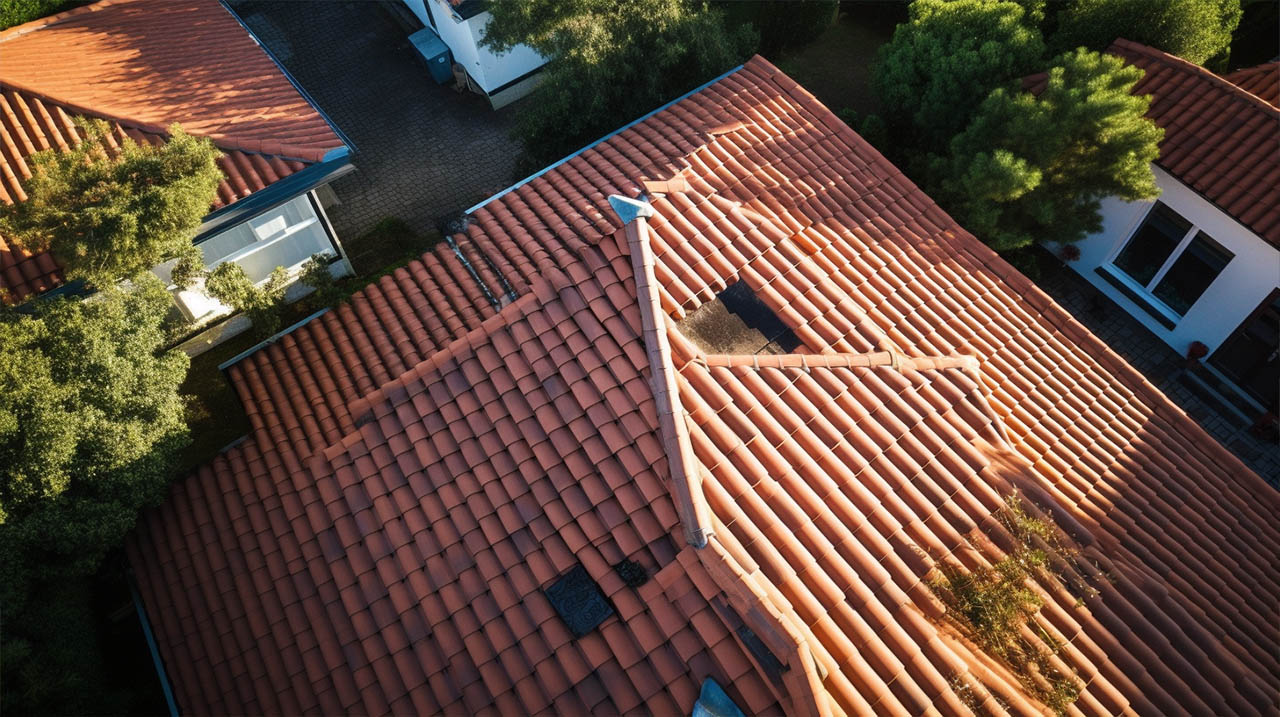 An aerial view of a house with a red tile roof.
