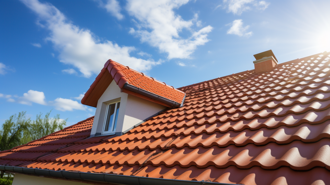 A roof with a red tile roof and a blue sky.