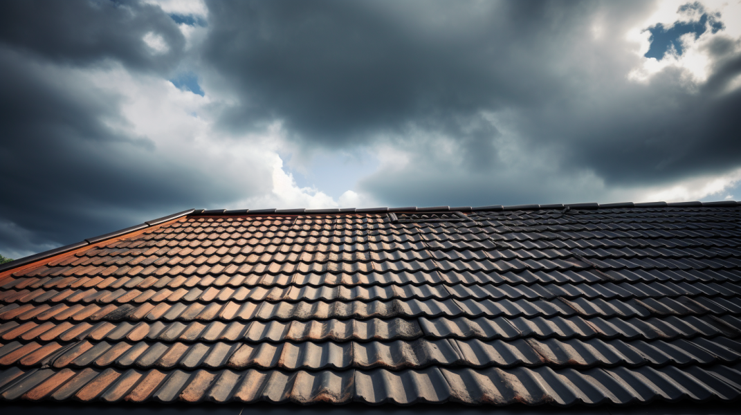 A tiled roof against a cloudy sky.