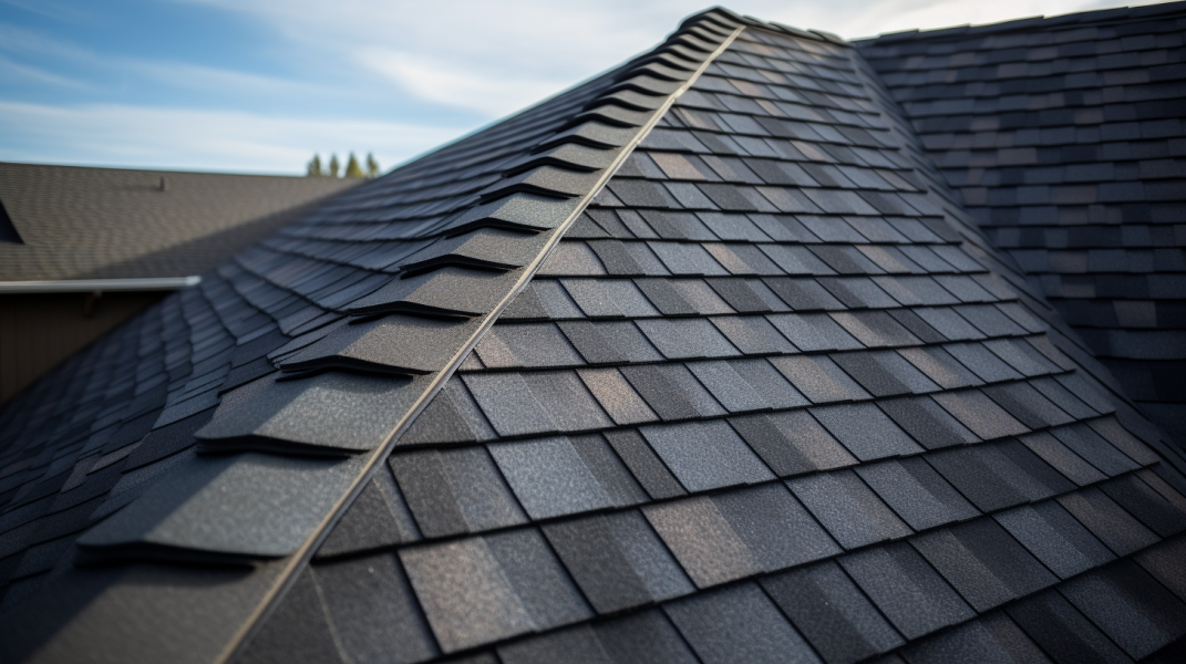 A close up view of a black shingled roof.