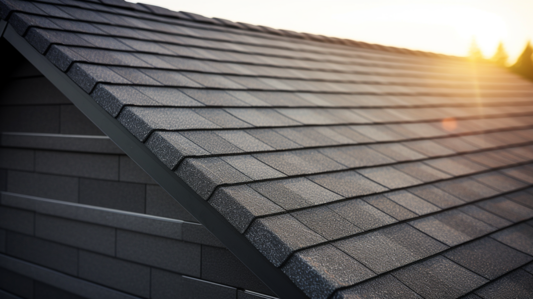 A black shingled roof with the sun setting behind it.