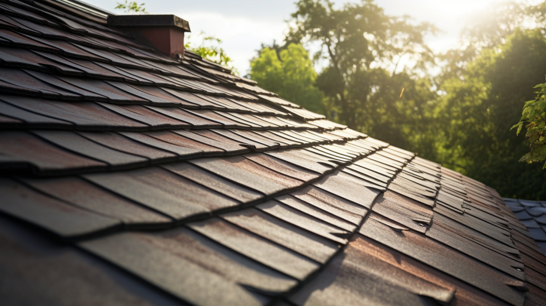 A close up of a roof with brown shingles.