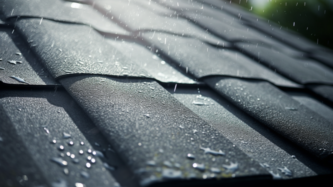 A black tile roof with rain drops on it.
