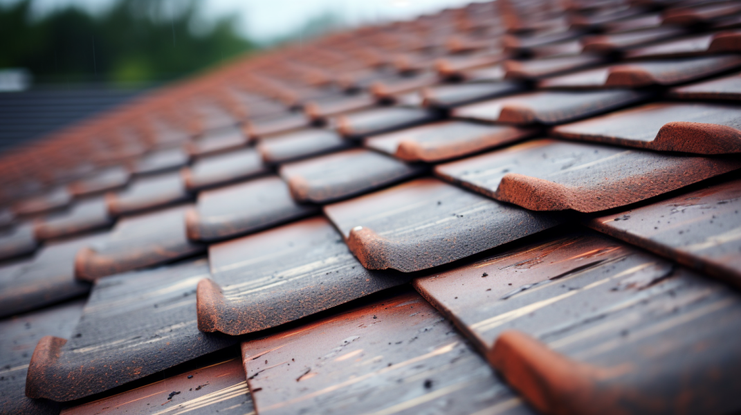 A close up of a roof with brown tiles.