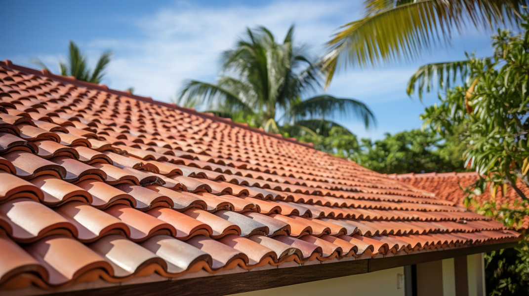 A tiled roof with a palm tree in the background.