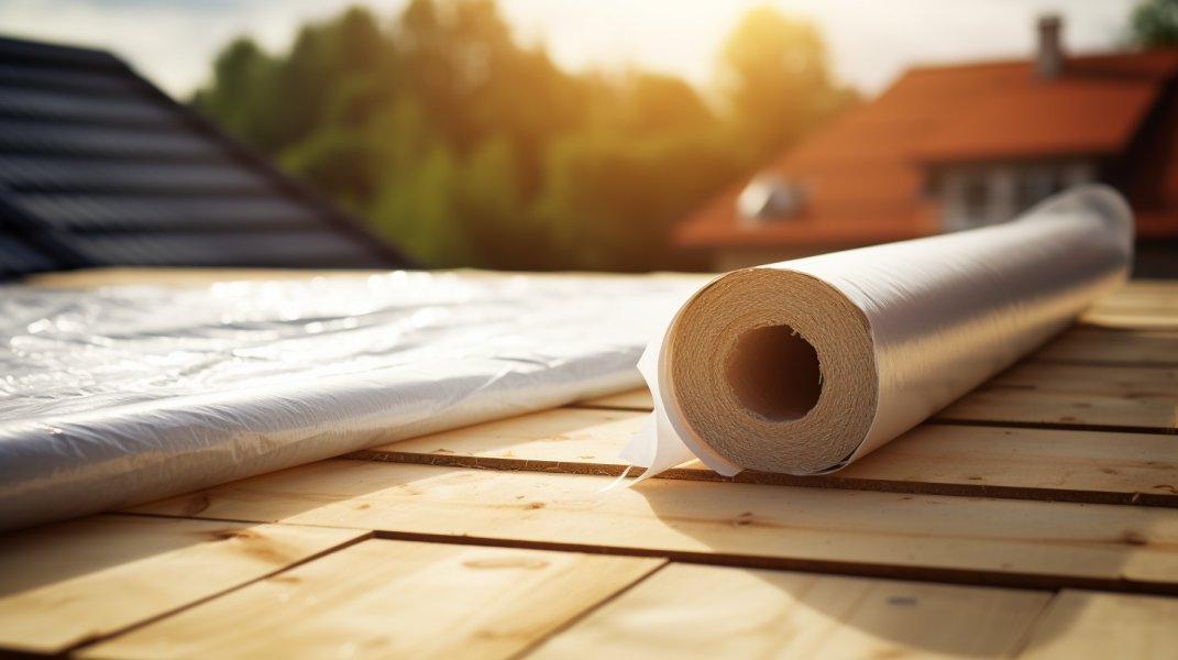 A roll of insulation is sitting on top of a roof.