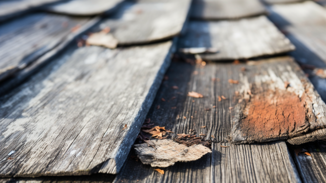 A close up of a wooden shingled roof.