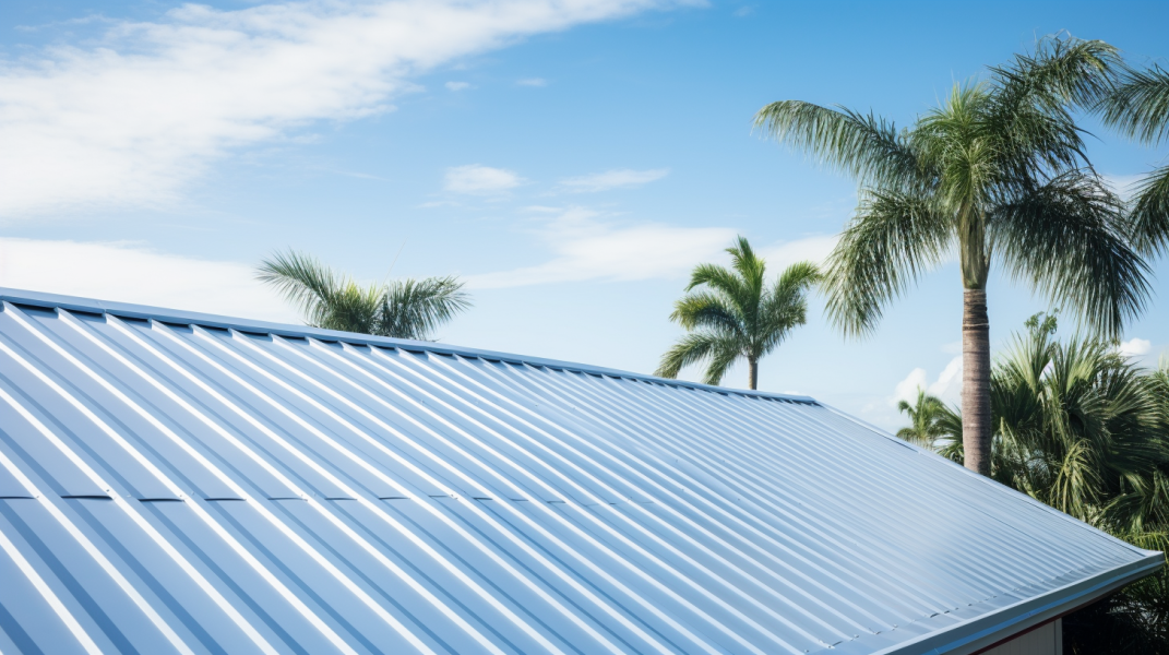 A metal roof with palm trees and blue sky.