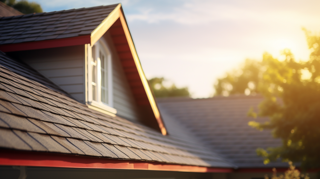 A roof with shingles and a red trim.