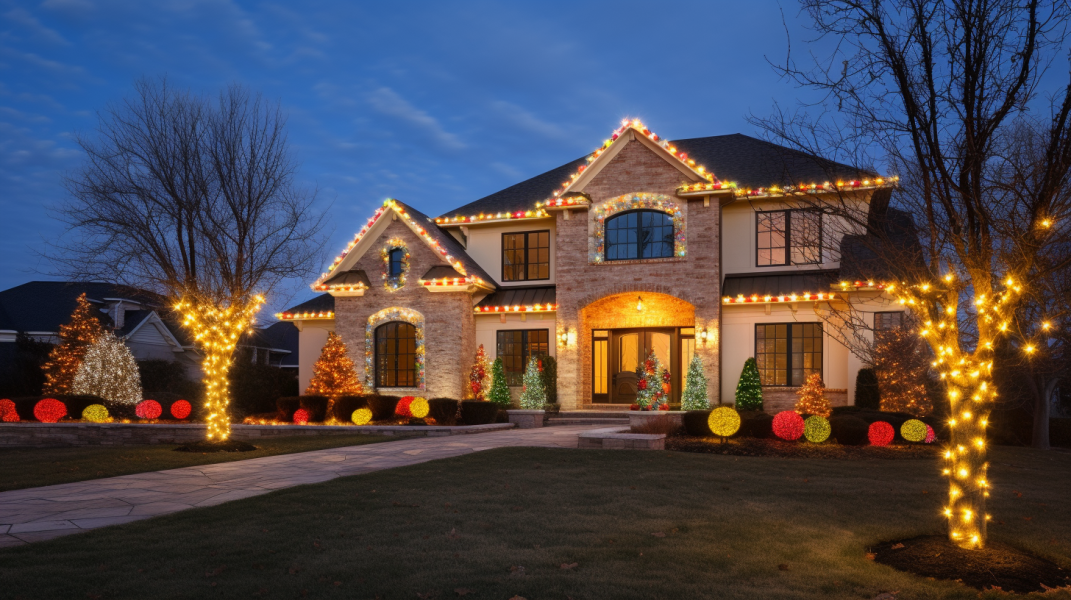 A house with christmas lights in front of it.