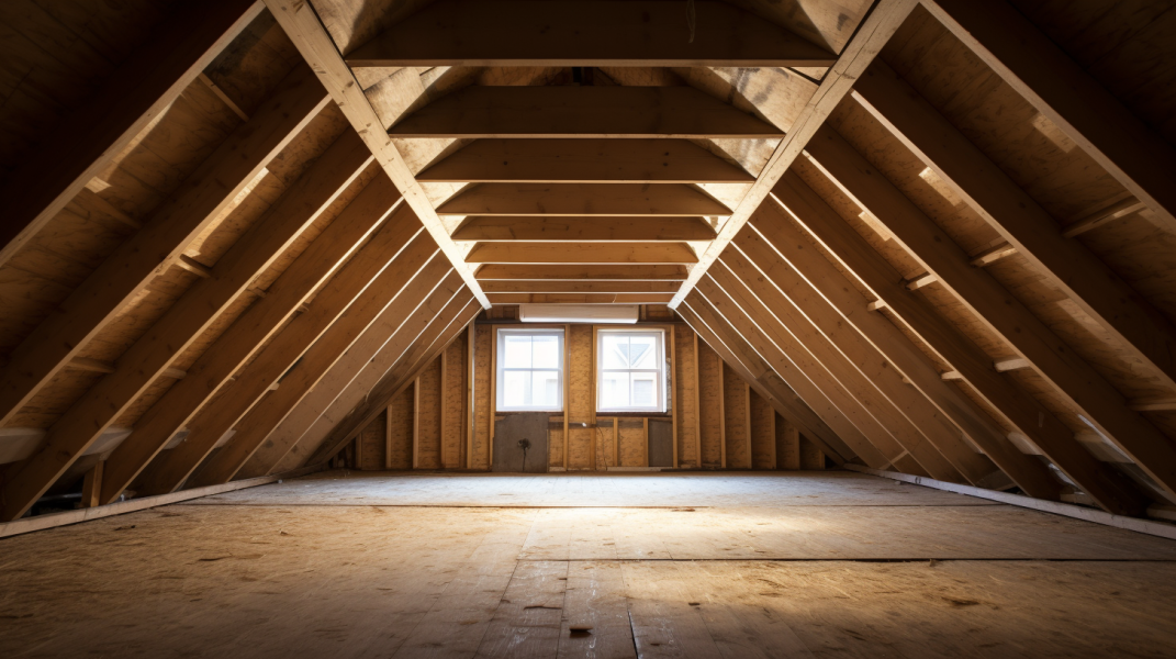 The interior of an attic with wooden beams.