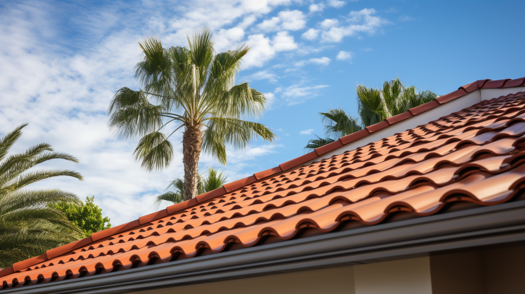 A roof with a tiled roof and palm trees.