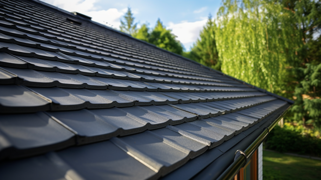 A roof with a black tiled roof.