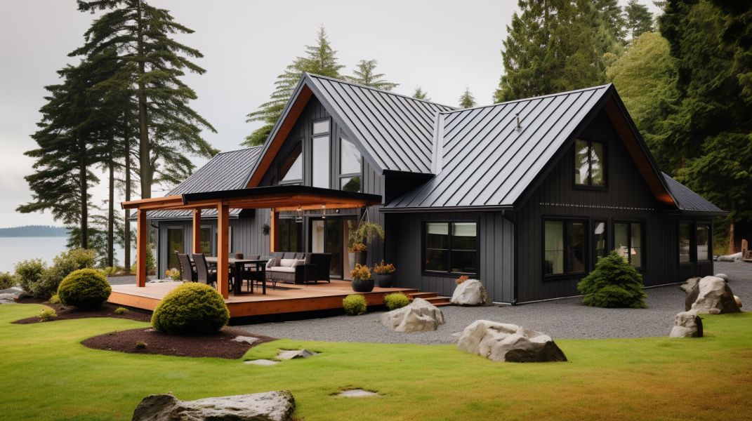 A modern home with a black metal roof.