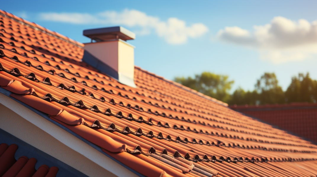 A roof with red tiles and a chimney.