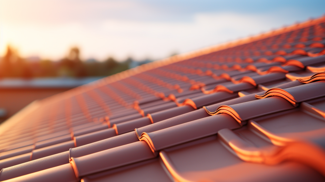 A close up of a tiled roof at sunset.