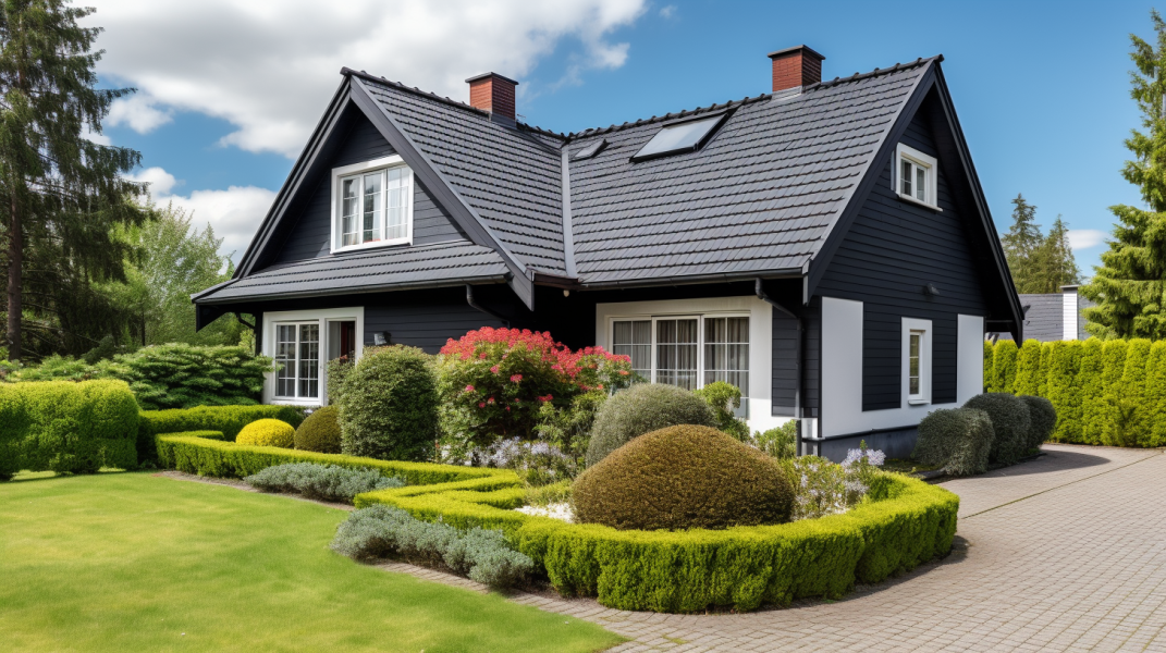 A black house with bushes in front of it.