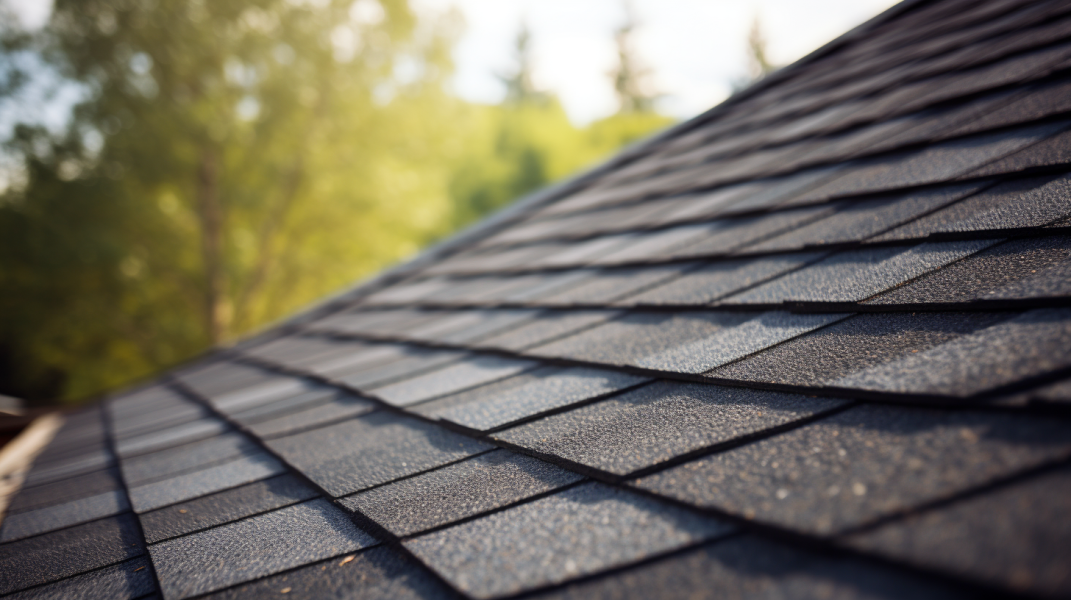 A close up of a black shingled roof.
