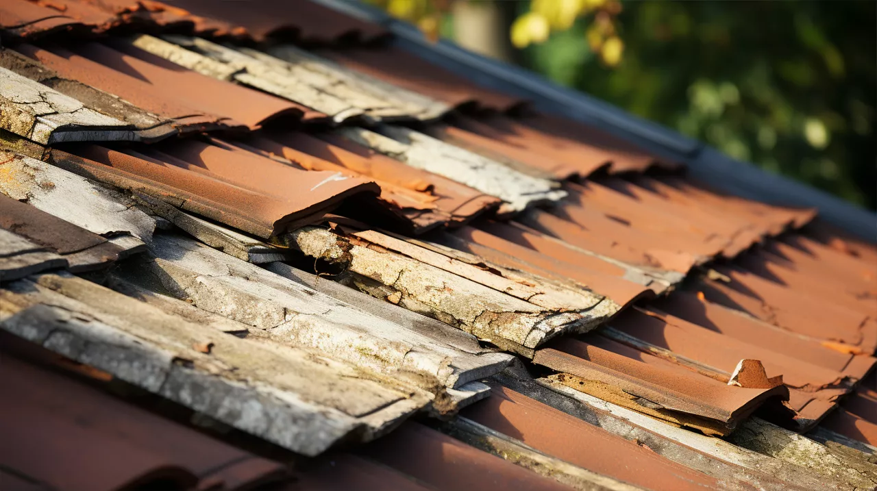 A close up of a roof with broken tiles.