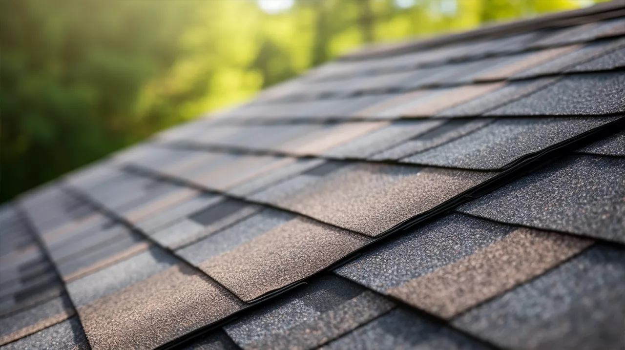 A close up of a shingled roof.