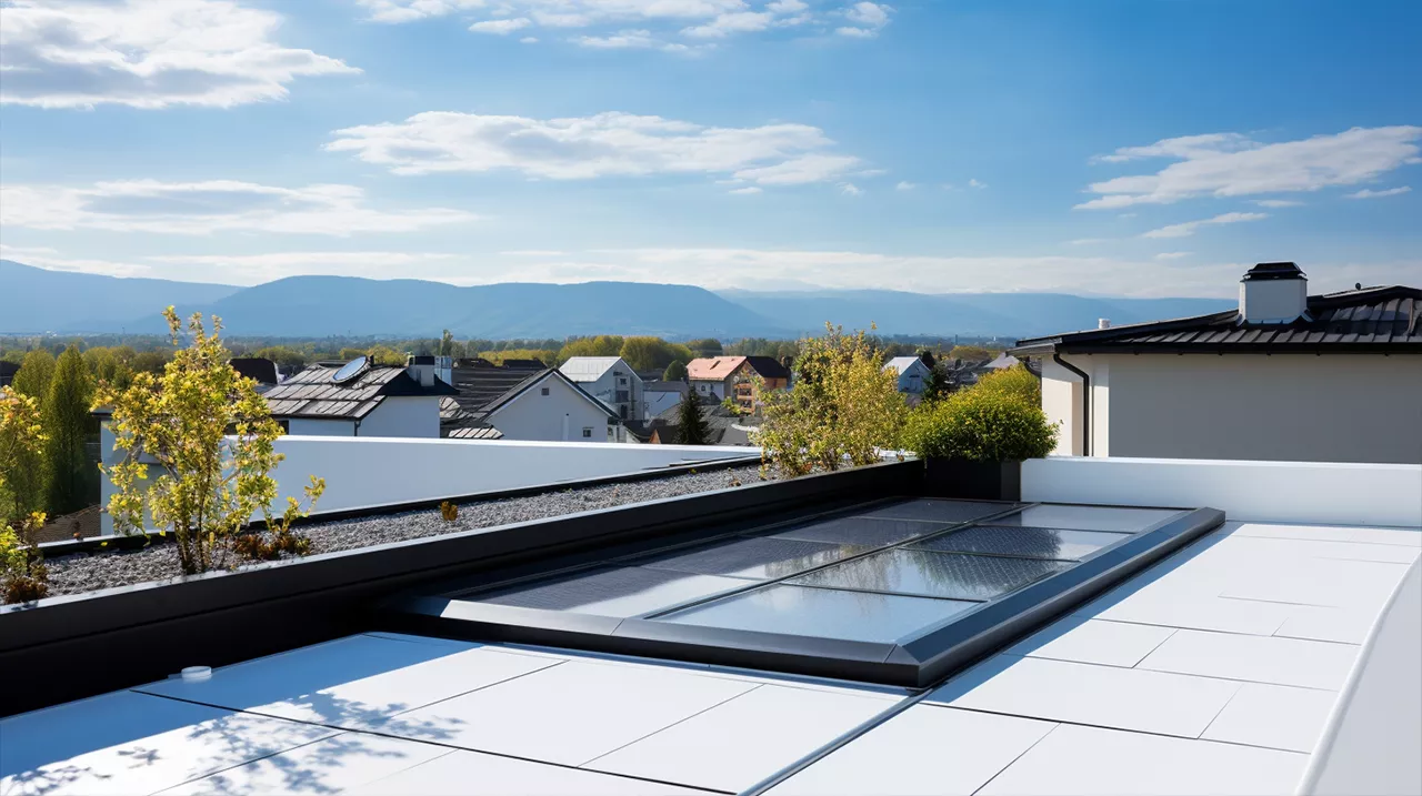 A roof with a skylight and a view of the mountains.