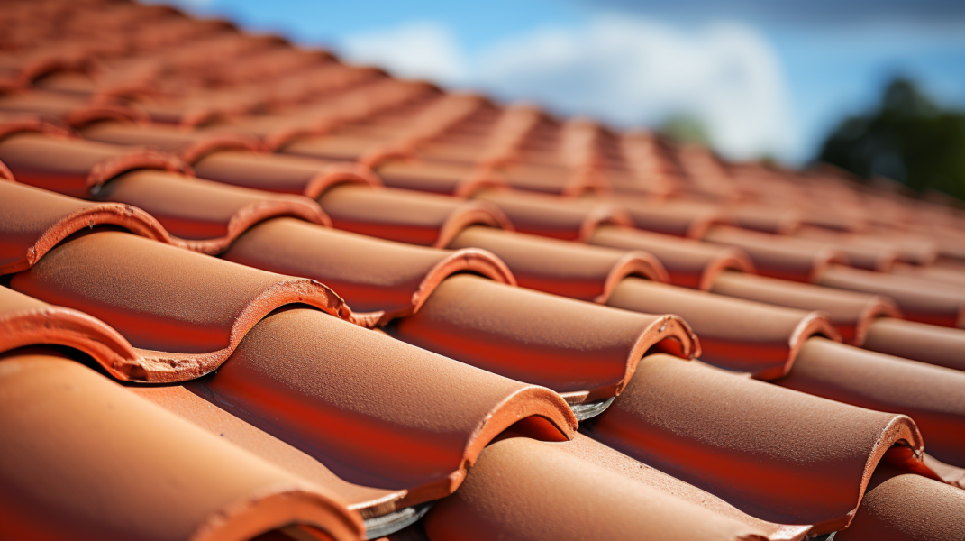 A close up of a roof with red tiles.